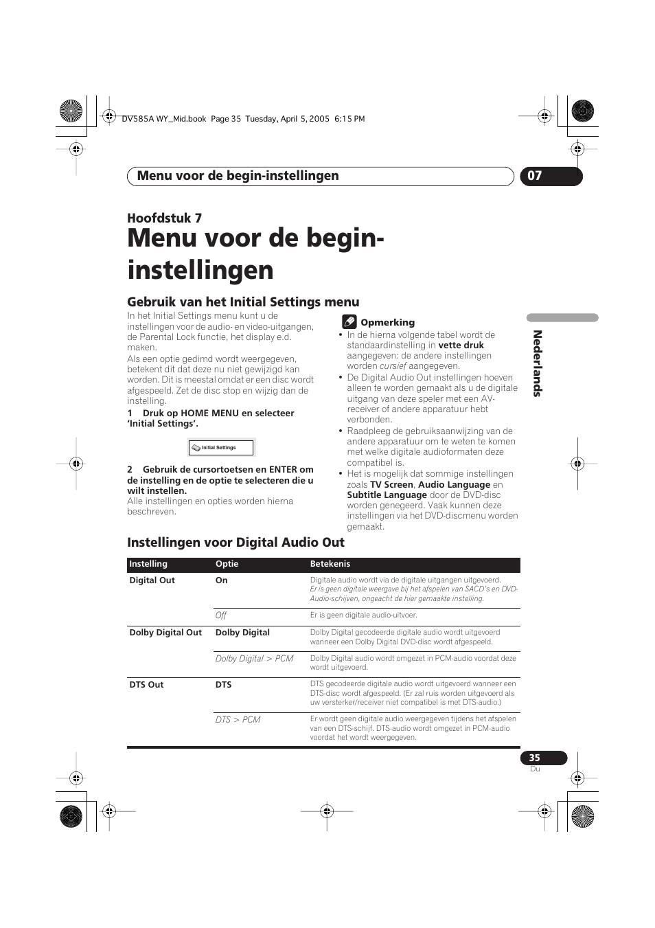 07 menu voor de begin-instellingen, Gebruik van het initial settings menu, Instellingen voor digital audio out | Menu voor de begin- instellingen, Menu voor de begin-instellingen 07, Hoofdstuk 7 | Pioneer DV-585A-s User Manual | Page 87 / 108