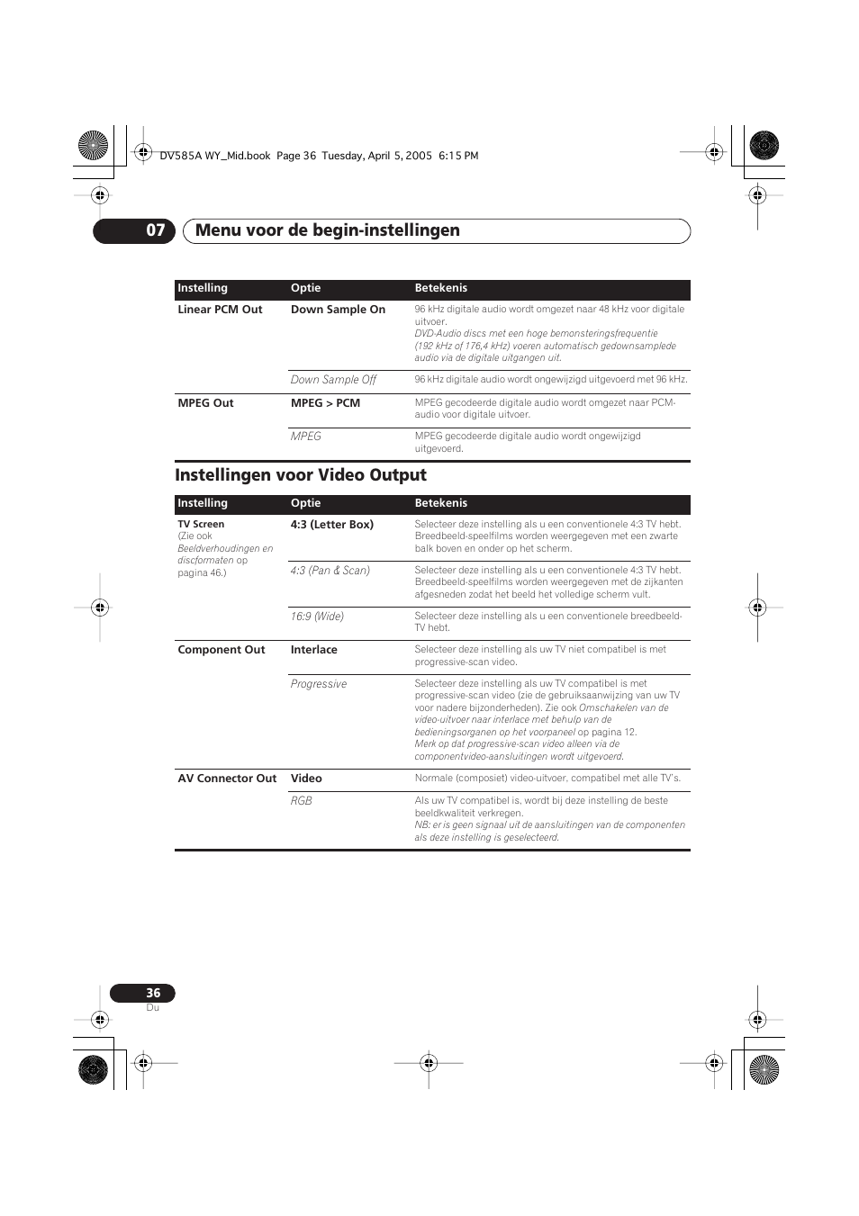 Instellingen voor video output, Menu voor de begin-instellingen 07 | Pioneer DV-585A-s User Manual | Page 88 / 108