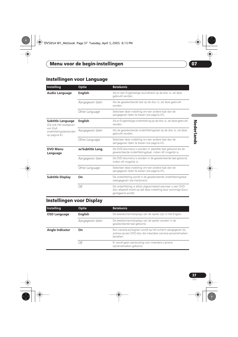 Instellingen voor language, Instellingen voor display, Menu voor de begin-instellingen 07 | Nederlands | Pioneer DV-585A-s User Manual | Page 89 / 108