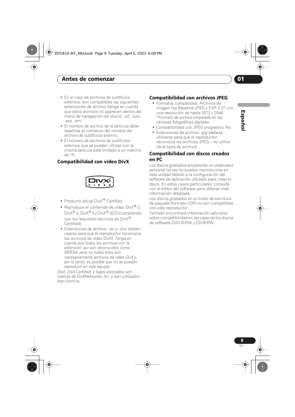 Antes de comenzar 01 | Pioneer DV-585A-s User Manual | Page 9 / 108