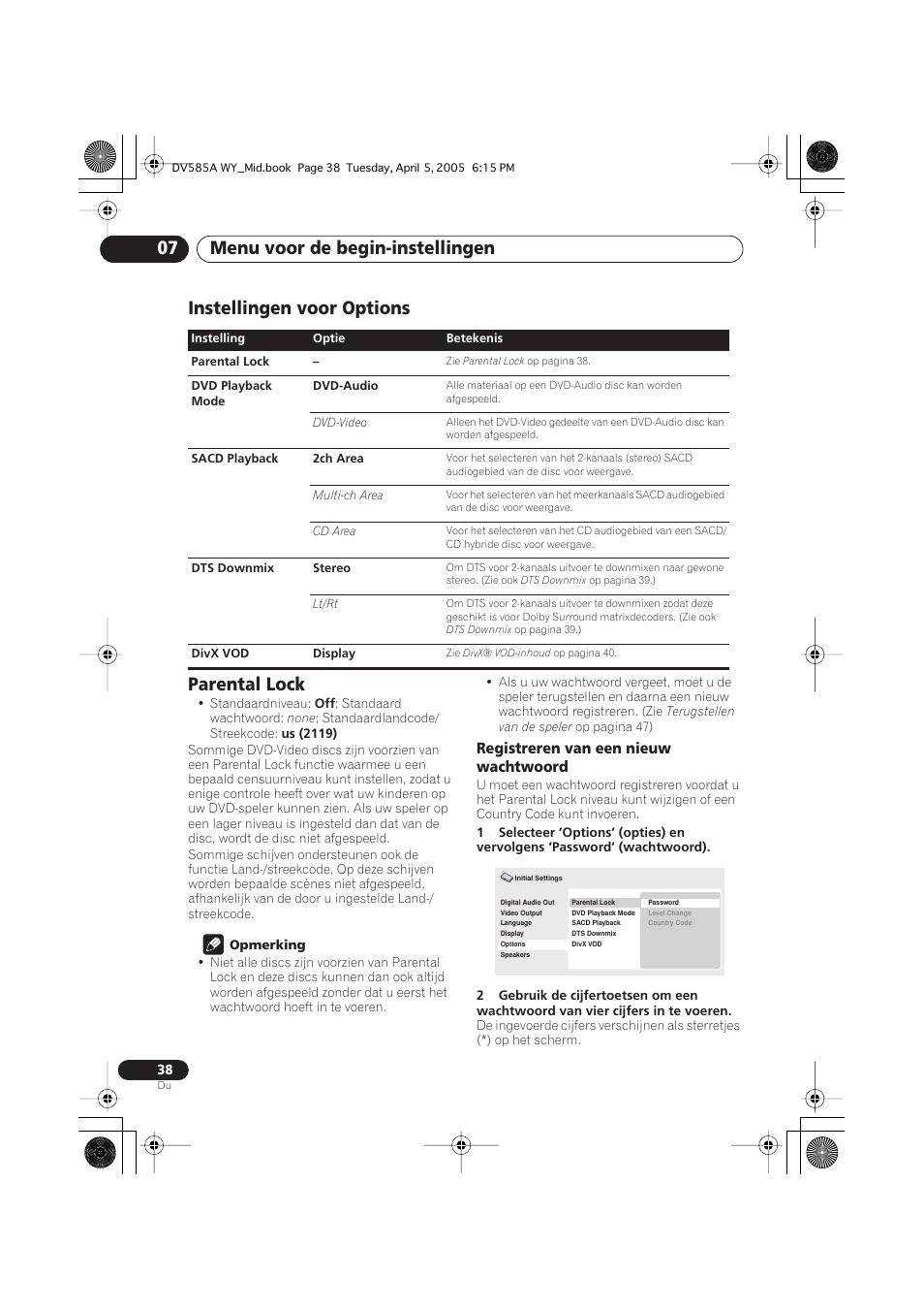 Instellingen voor options, Parental lock, Menu voor de begin-instellingen 07 | Instellingen voor options parental lock, Registreren van een nieuw wachtwoord | Pioneer DV-585A-s User Manual | Page 90 / 108
