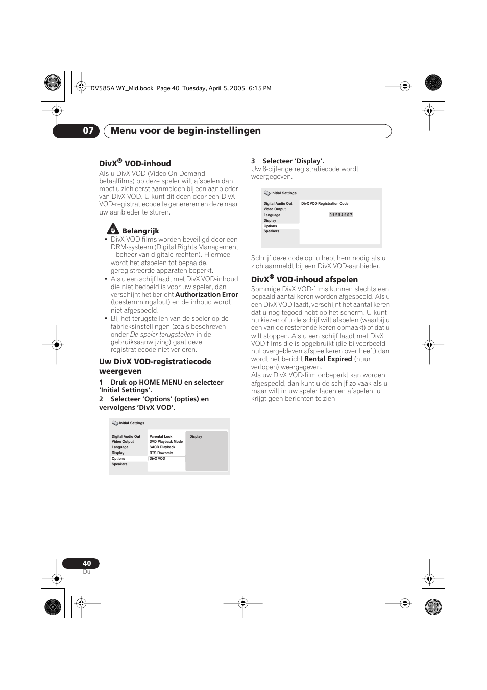 Menu voor de begin-instellingen 07, Divx, Vod-inhoud | Uw divx vod-registratiecode weergeven, Vod-inhoud afspelen | Pioneer DV-585A-s User Manual | Page 92 / 108