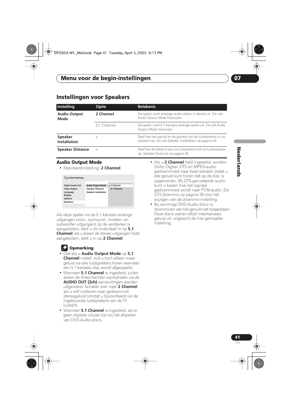 Instellingen voor speakers, Menu voor de begin-instellingen 07, Nederlands | Audio output mode | Pioneer DV-585A-s User Manual | Page 93 / 108