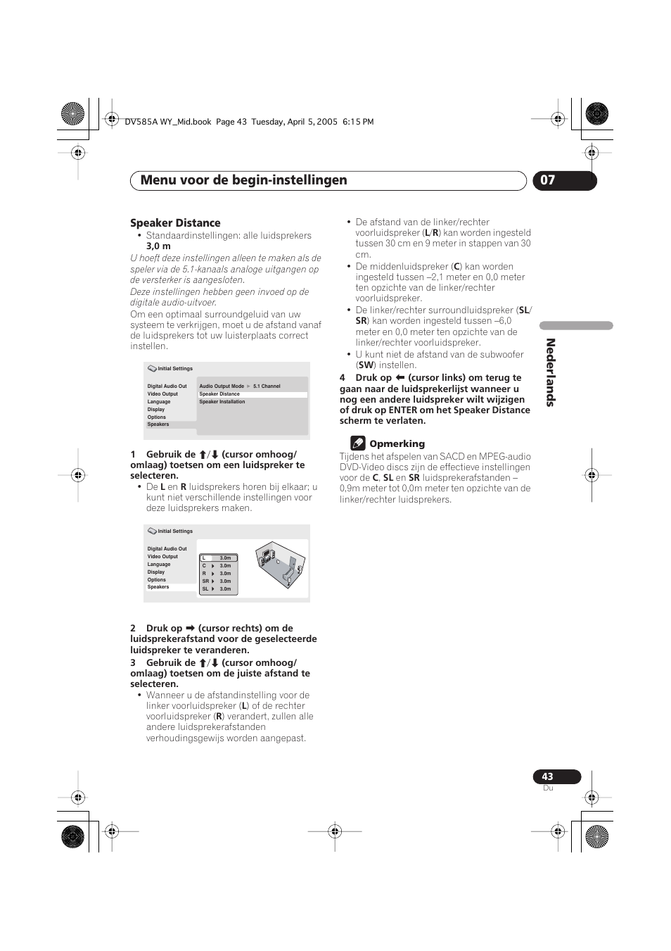 Menu voor de begin-instellingen 07, Nederlands, Speaker distance | Pioneer DV-585A-s User Manual | Page 95 / 108