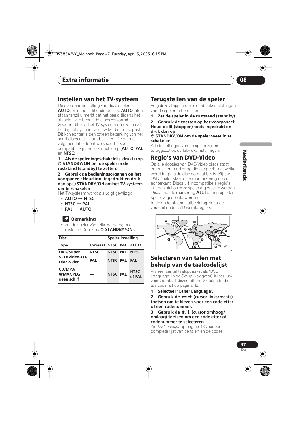Instellen van het tv-systeem, Terugstellen van de speler, Regio’s van dvd-video | Extra informatie 08 | Pioneer DV-585A-s User Manual | Page 99 / 108
