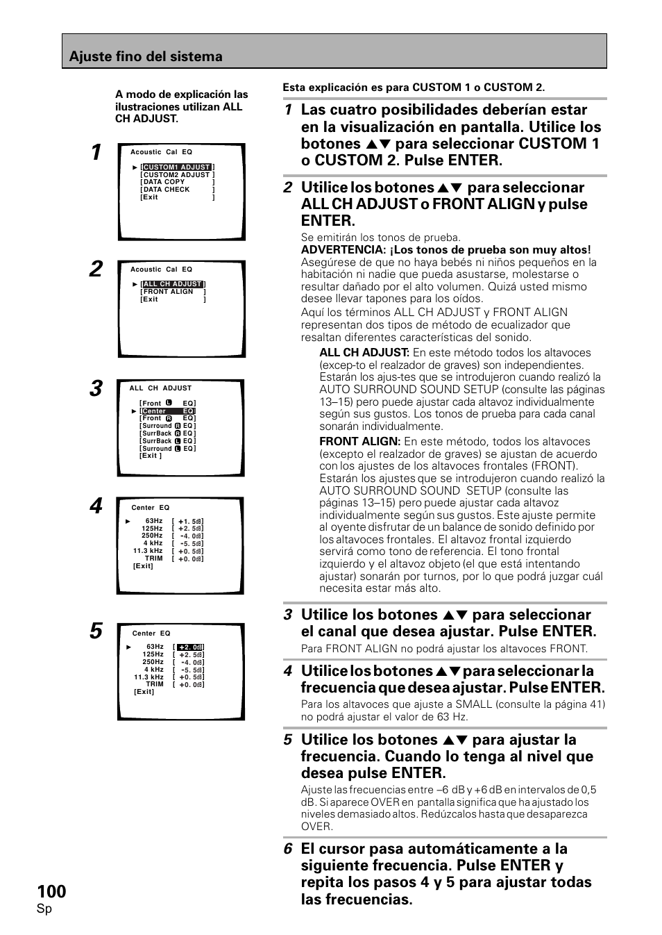 Botones, Para, Seleccionar all | Adjust, Front, Align, Pulse enter, 4 utilice, Seleccionar, La frecuencia | Pioneer VSX-D2011-S User Manual | Page 100 / 120