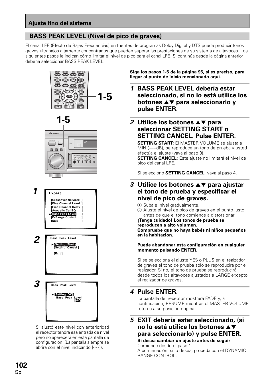 Bass peak level (nivel, Pico, Graves) | 4 pulse enter, Bass peak level (nivel de pico de graves), Ajuste fino del sistema | Pioneer VSX-D2011-S User Manual | Page 102 / 120