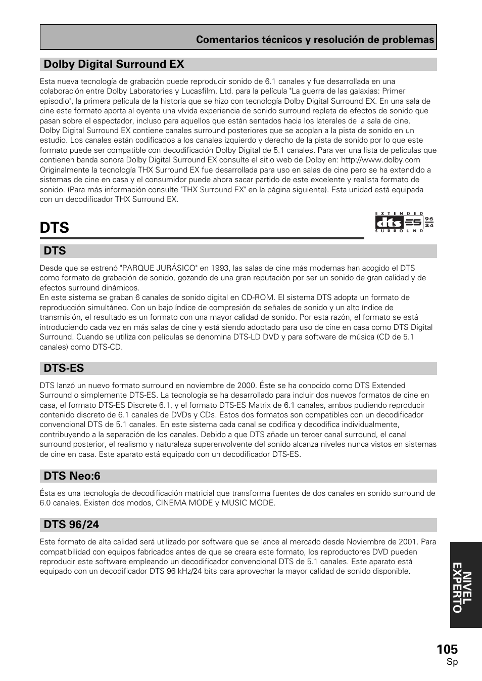 Dolby digital surround ex, Dts-es dts neo:6, Dts 96/24 | Pioneer VSX-D2011-S User Manual | Page 105 / 120