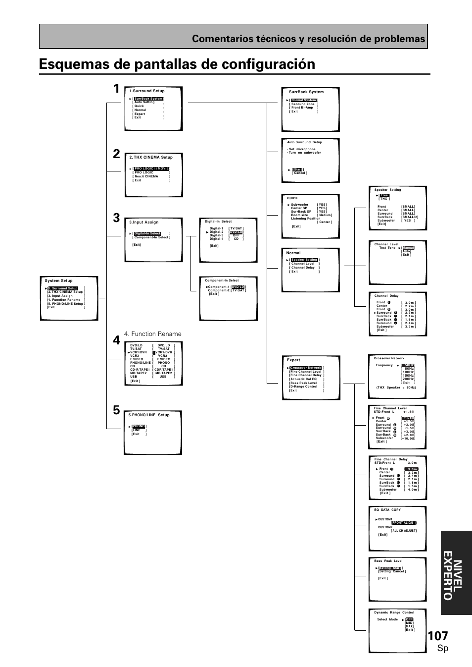 Esquemas de pantallas de configuración, Nivel exper to, Comentarios técnicos y resolución de problemas | Function rename | Pioneer VSX-D2011-S User Manual | Page 107 / 120