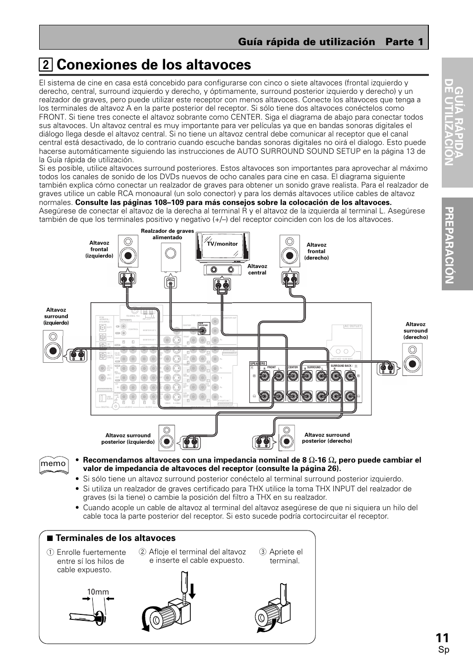 2 conexiones de los altavoces, 22 conexiones de los altavoces, Gu ía r á pida de utilizaci ó n prep araci ó n | Guía rápida de utilización parte 1, 7 terminales de los altavoces, 10mm, 3 apriete el terminal | Pioneer VSX-D2011-S User Manual | Page 11 / 120