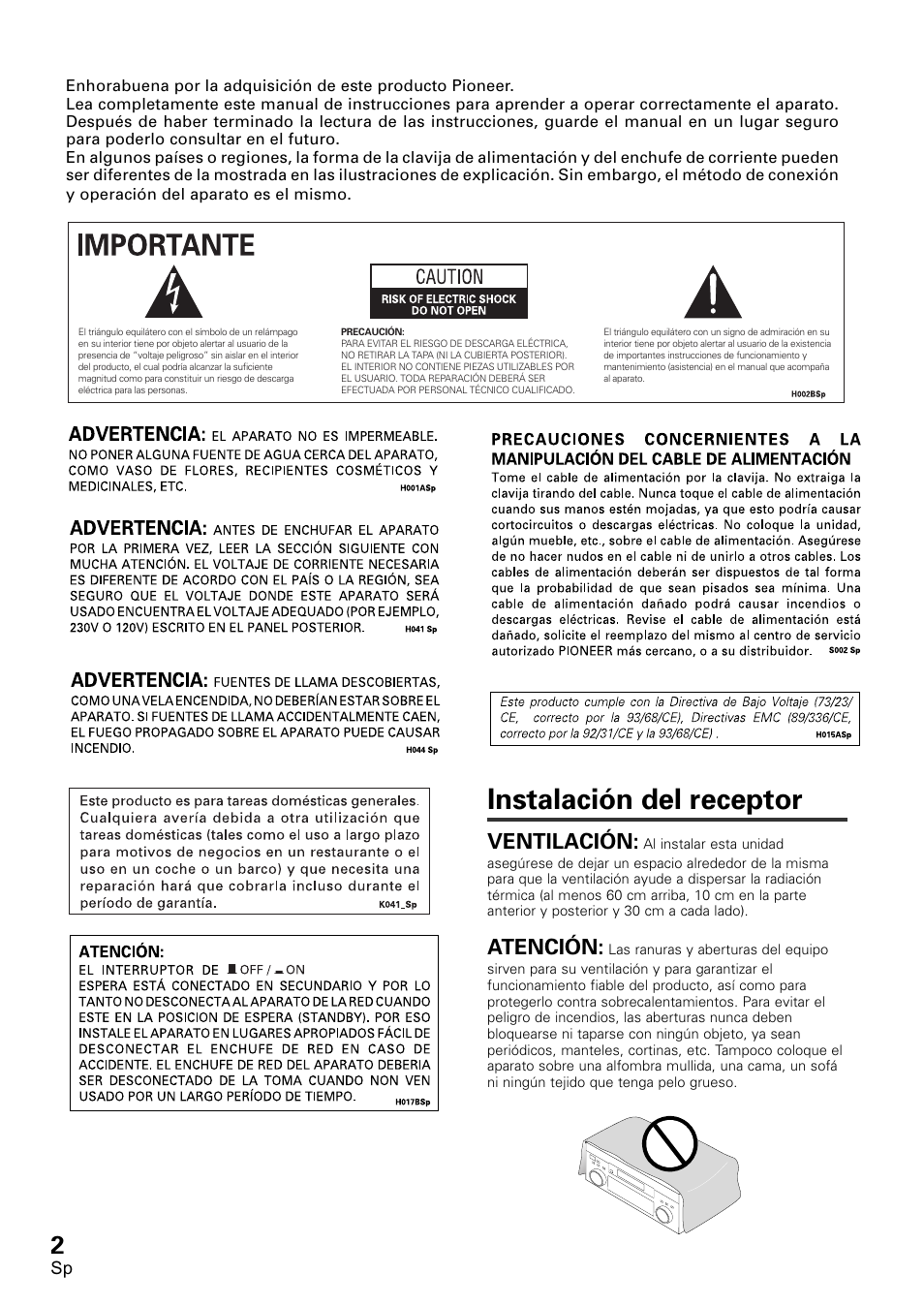 Instalación del receptor, Ventilación, Atención | Pioneer VSX-D2011-S User Manual | Page 2 / 120
