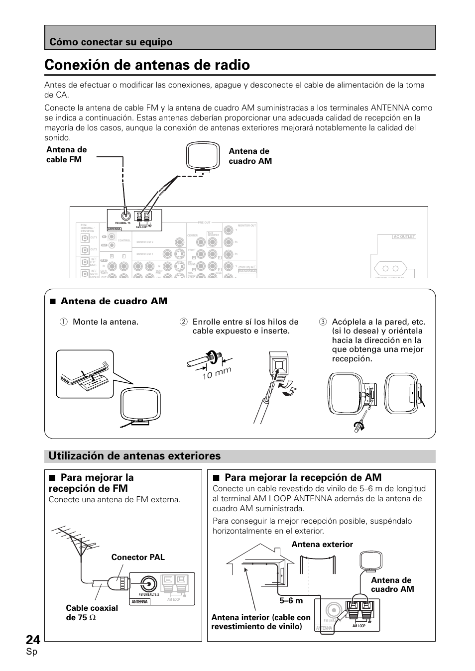 Conexión de antenas de radio, Utilización de antenas exteriores, 7 para mejorar la recepción de am | 7 para mejorar la recepción de fm, Cómo conectar su equipo, 7 antena de cuadro am, Conecte una antena de fm externa, 10 mm | Pioneer VSX-D2011-S User Manual | Page 24 / 120
