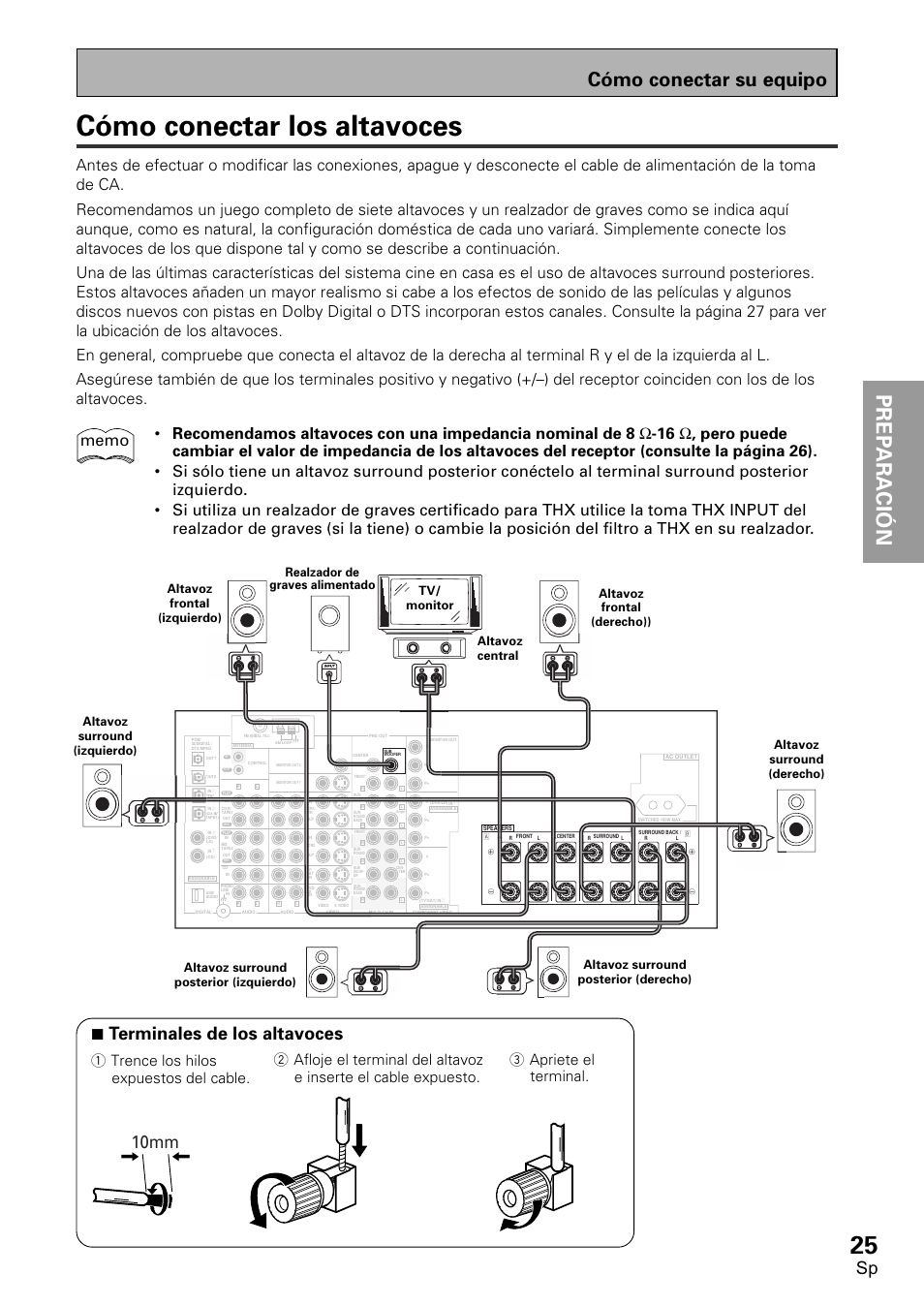Cómo conectar los altavoces, Prep ara tion prep araci ó n, Cómo conectar su equipo | 7 terminales de los altavoces, 10mm | Pioneer VSX-D2011-S User Manual | Page 25 / 120