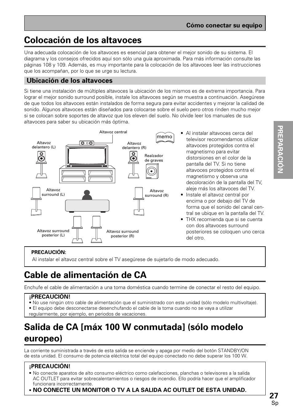 Colocación de los altavoces, Ubicación de los altavoces, Cable de alimentación de ca | Salida de ca [máx 100 w conmutada, Sólo modelo europeo), Prep ara tion prep araci ó n | Pioneer VSX-D2011-S User Manual | Page 27 / 120