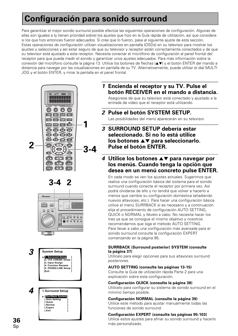 Configuración, Para, Sonido | Surround, Configuración para sonido surround, 2 pulse el botón system setup | Pioneer VSX-D2011-S User Manual | Page 36 / 120