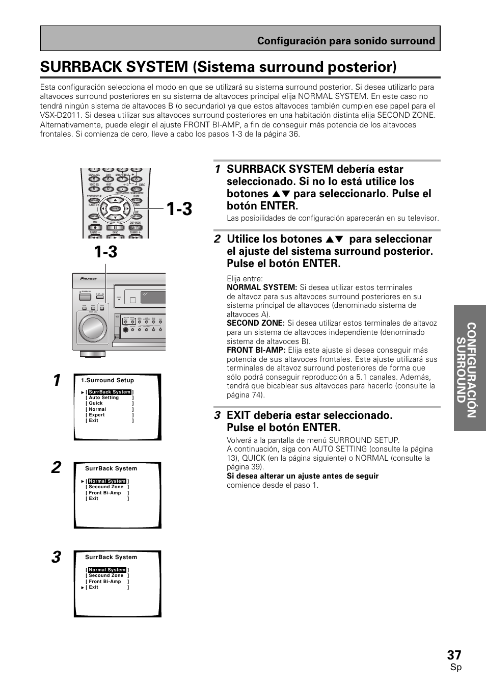 Surrback, System, Sistema surround posterior) | Surrback system (sistema surround posterior), Configuraci ó n surround, Configuración para sonido surround | Pioneer VSX-D2011-S User Manual | Page 37 / 120