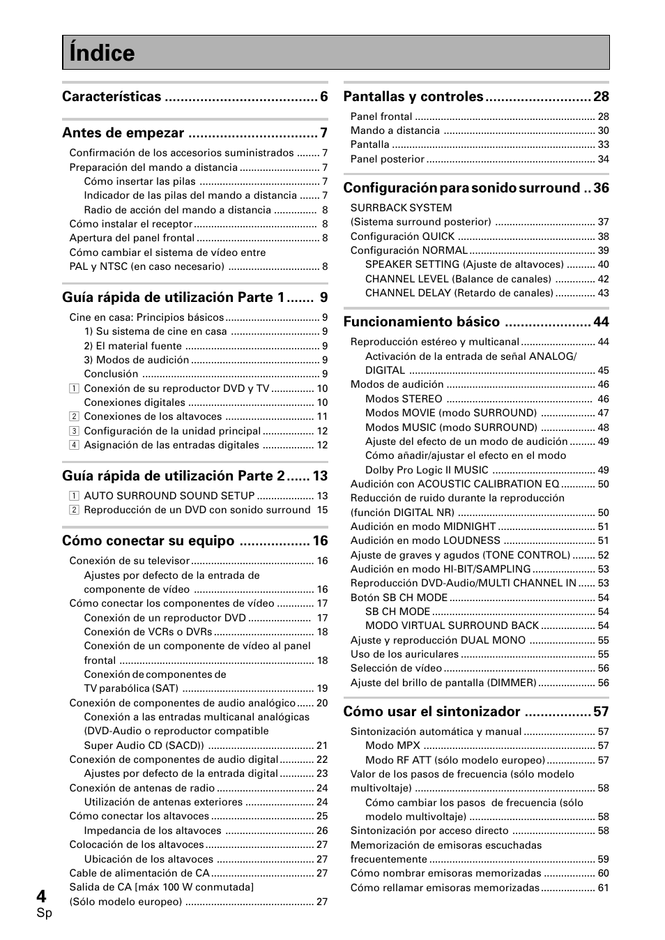 Índice, Características antes de empezar, Guía rápida de utilización parte 1 | Guía rápida de utilización parte 2, Cómo conectar su equipo, Pantallas y controles, Configuración, Para, Sonido, Surround | Pioneer VSX-D2011-S User Manual | Page 4 / 120