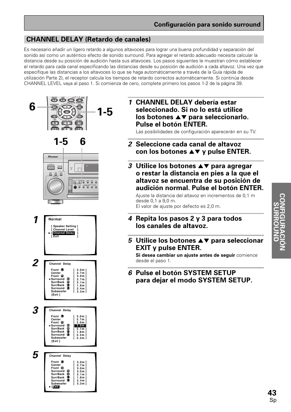 Channel delay (retardo de canales), Configuraci ó n surround, Configuración para sonido surround | Pioneer VSX-D2011-S User Manual | Page 43 / 120