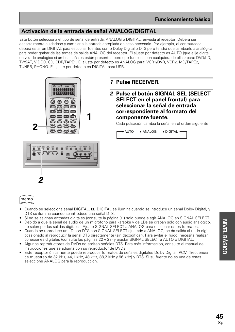Activación de la entrada de señal analog/ digital, Nivel b á sico, Activación de la entrada de señal analog/digital | Funcionamiento básico, Auto analog digital | Pioneer VSX-D2011-S User Manual | Page 45 / 120