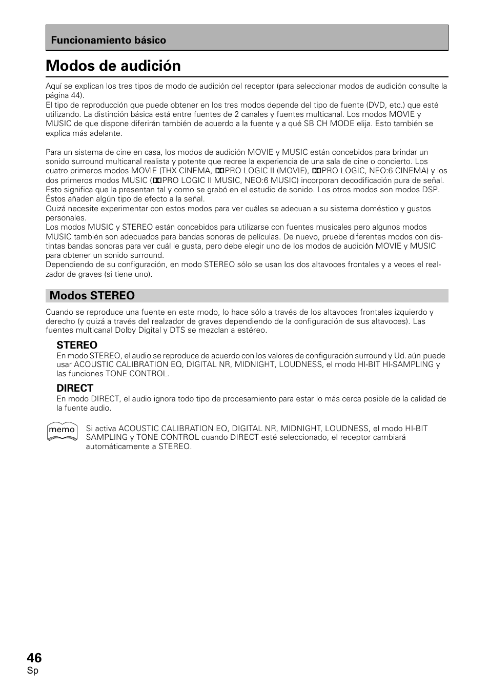 Modos de audición, Modos stereo | Pioneer VSX-D2011-S User Manual | Page 46 / 120