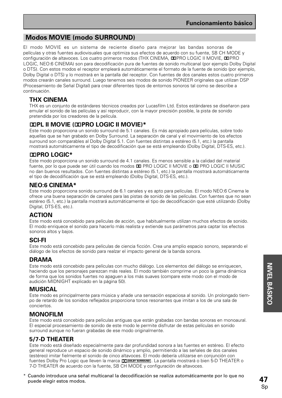 Modos movie (modo surround), Nivel b á sico | Pioneer VSX-D2011-S User Manual | Page 47 / 120