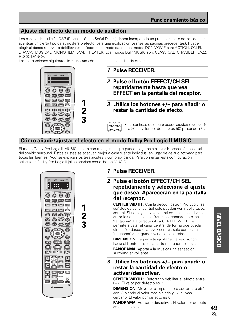 Dolby pro logic ii music, Nivel b á sico, Ajuste del efecto de un modo de audición | Funcionamiento básico | Pioneer VSX-D2011-S User Manual | Page 49 / 120