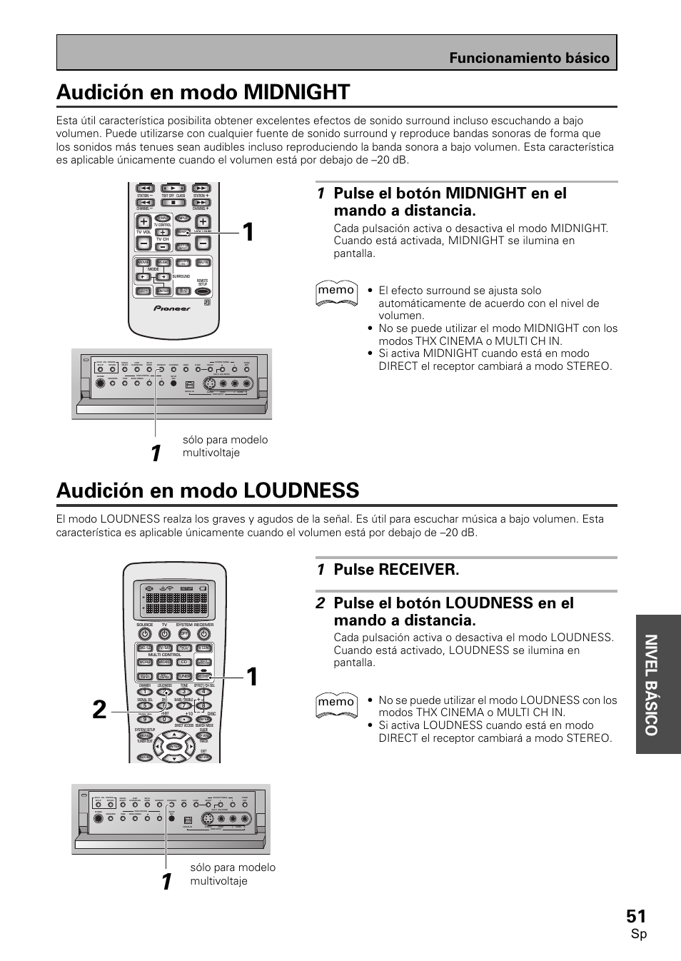 Audición en modo midnight, Audición en modo loudness, Nivel b á sico | 1 pulse el botón midnight en el mando a distancia, Funcionamiento básico, Sólo para modelo multivoltaje | Pioneer VSX-D2011-S User Manual | Page 51 / 120
