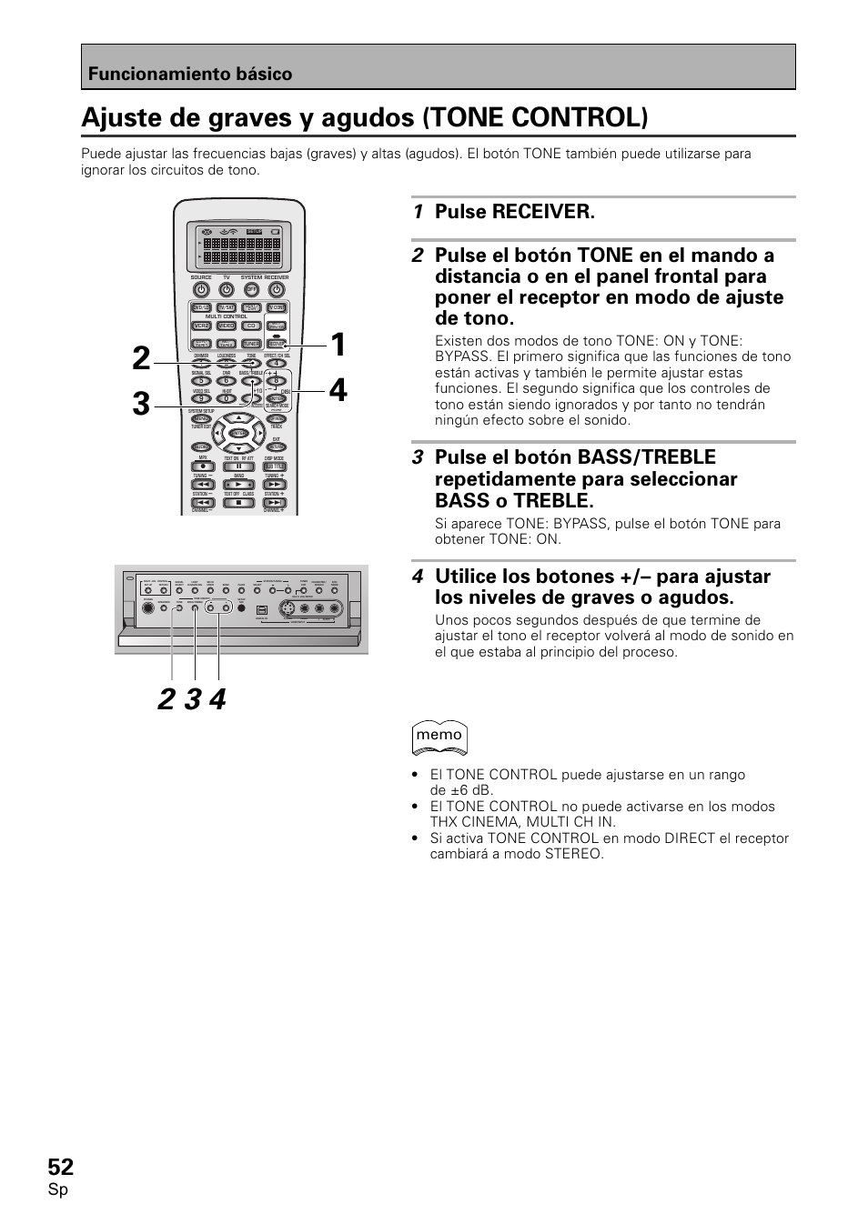 Ajuste de graves y agudos (tone control), Funcionamiento básico | Pioneer VSX-D2011-S User Manual | Page 52 / 120