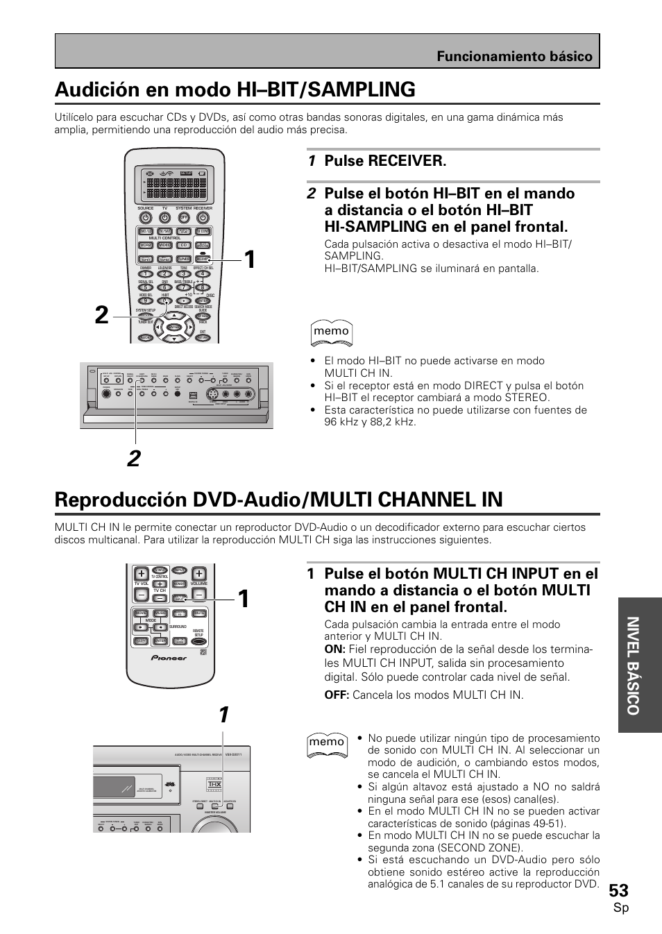 Audición en modo hi-bit/sampling, Reproducción dvd-audio/multi channel in, Audición en modo hi–bit/sampling | Nivel b á sico, Funcionamiento básico | Pioneer VSX-D2011-S User Manual | Page 53 / 120