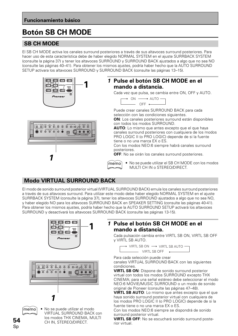 Botón sb ch mode, Sb ch mode, Modo virtual surround back | Funcionamiento básico, On auto virtl sb, Virtl sb on virtl sb auto | Pioneer VSX-D2011-S User Manual | Page 54 / 120