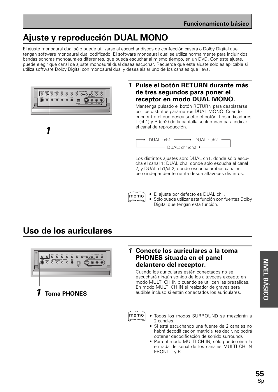 Ajuste y reproducción dual mono, Uso de los auriculares, Nivel b á sico | Funcionamiento básico, Toma phones, Dual : ch1 dual: ch1/ch2 | Pioneer VSX-D2011-S User Manual | Page 55 / 120