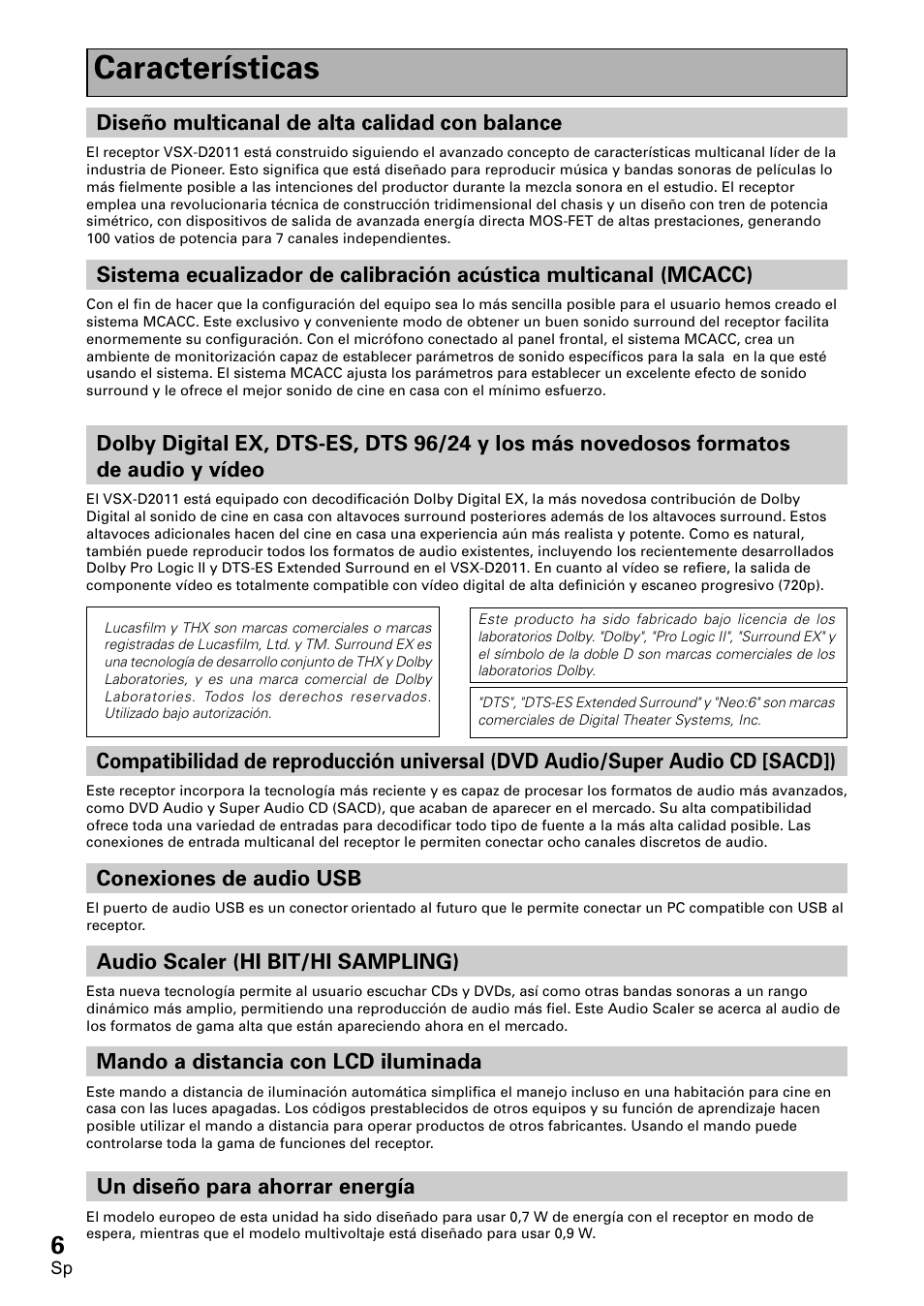 Características | Pioneer VSX-D2011-S User Manual | Page 6 / 120