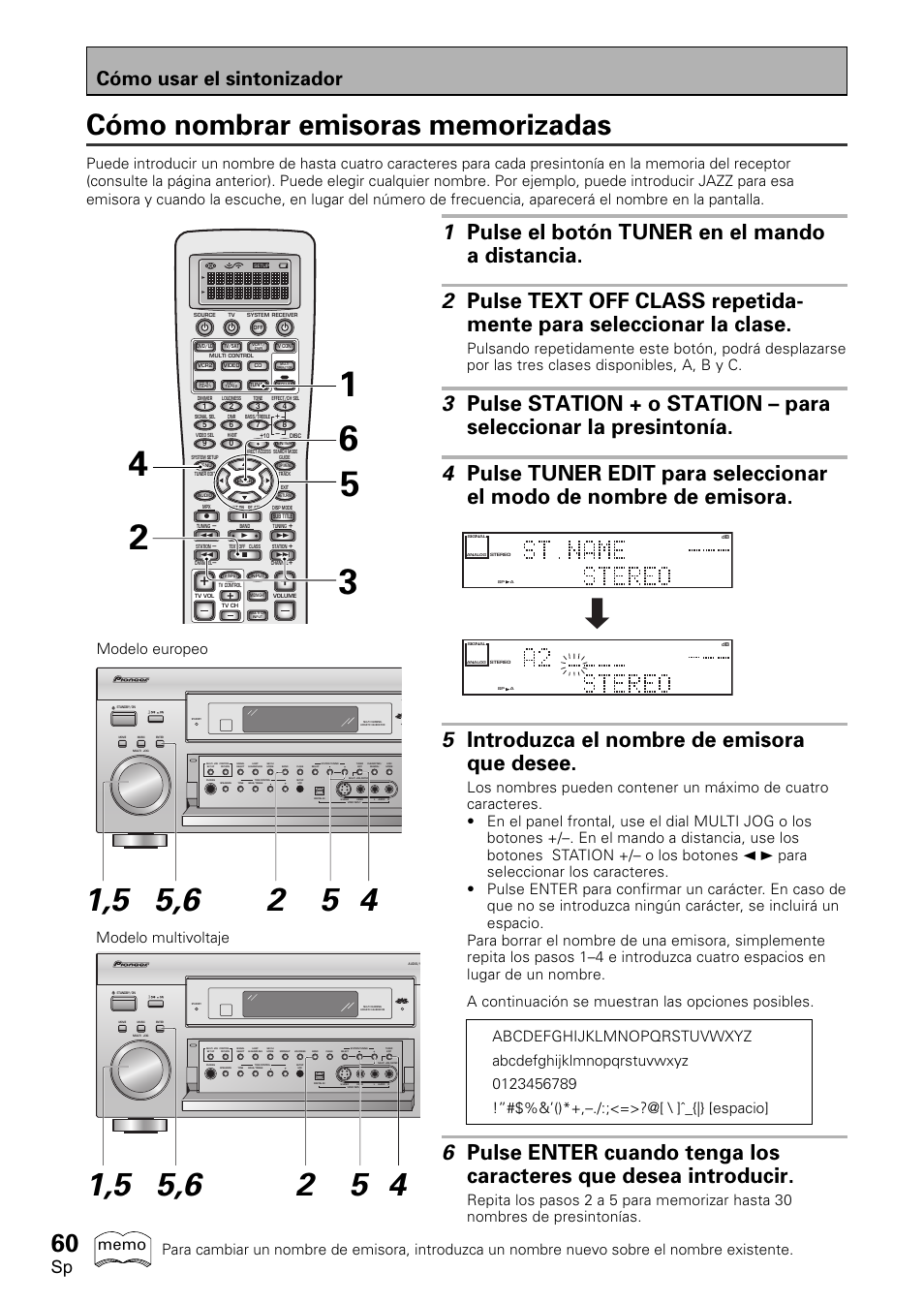 Cómo nombrar emisoras memorizadas, 5 introduzca el nombre de emisora que desee, Cómo usar el sintonizador | Modelo europeo, Modelo multivoltaje | Pioneer VSX-D2011-S User Manual | Page 60 / 120