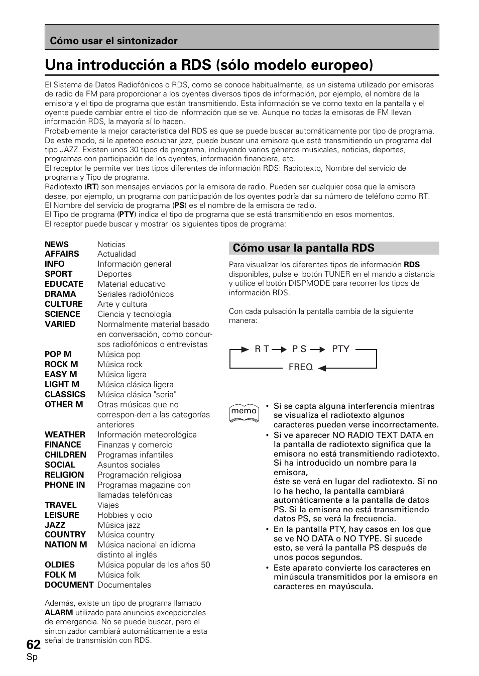 Una introducción a rds (sólo modelo europeo), Cómo usar la pantalla rds, Cómo usar el sintonizador | Pioneer VSX-D2011-S User Manual | Page 62 / 120