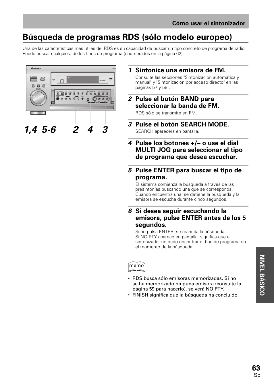 Búsqueda de programas rds (sólo modelo europeo), Nivel b á sico, 1 sintonice una emisora de fm | 3 pulse el botón search mode, Cómo usar el sintonizador, Rds sólo se transmite en fm, Search aparecerá en pantalla | Pioneer VSX-D2011-S User Manual | Page 63 / 120