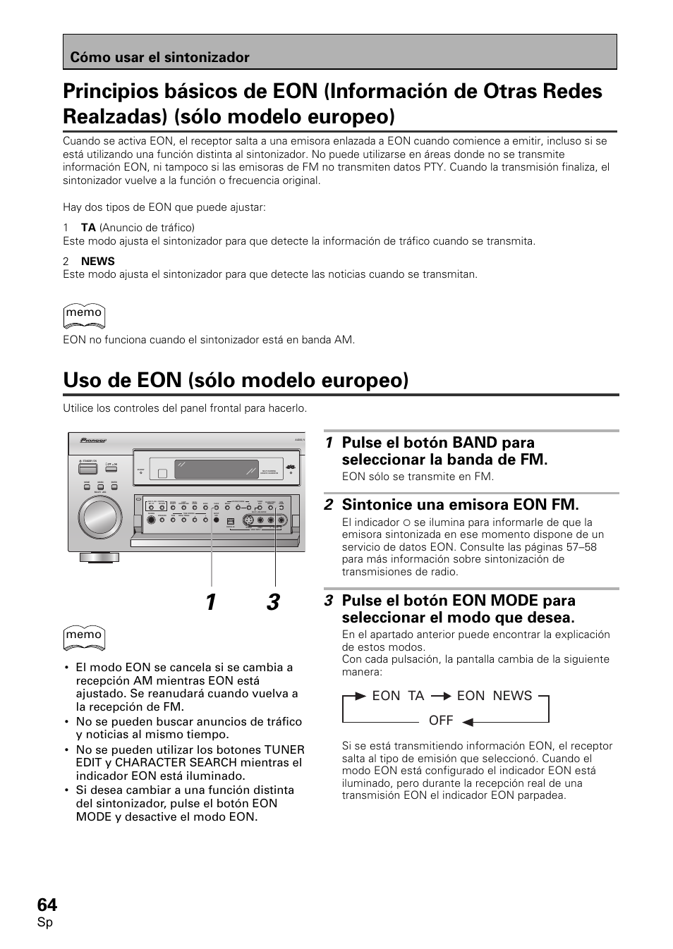 Principios básicos de eon (información de otras, Uso de eon (sólo modelo europeo), 2 sintonice una emisora eon fm | Cómo usar el sintonizador, Eon news off eon ta, Eon sólo se transmite en fm | Pioneer VSX-D2011-S User Manual | Page 64 / 120
