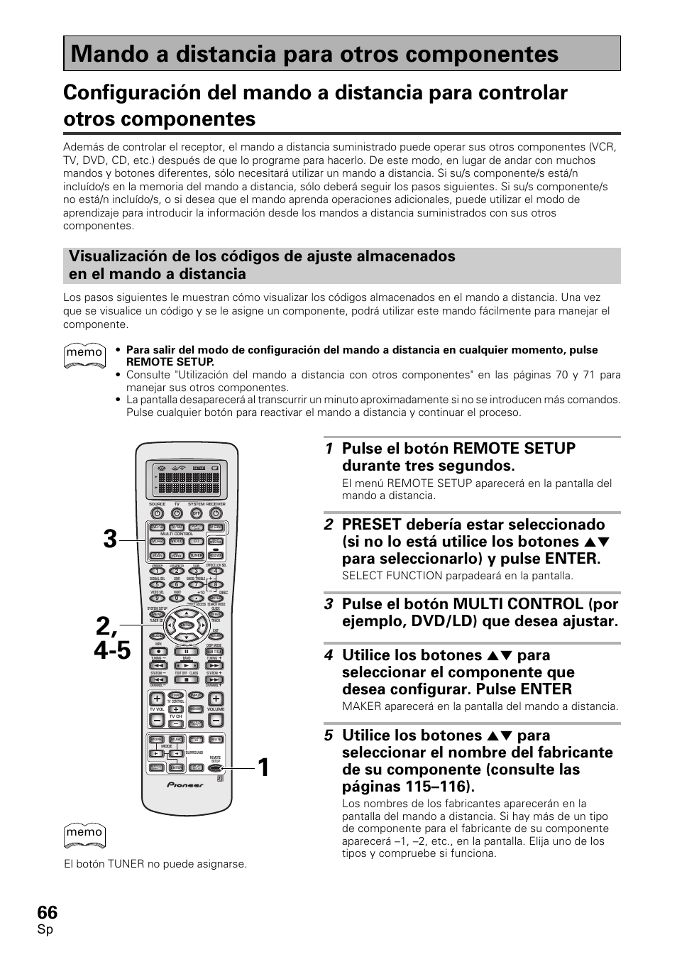 Mando a distancia para otros componentes, Configuración del mando a distancia para controlar, Otros componentes | Visualización de los códigos de ajuste, Almacenados en el mando a distancia, Select function parpadeará en la pantalla, El botón tuner no puede asignarse | Pioneer VSX-D2011-S User Manual | Page 66 / 120