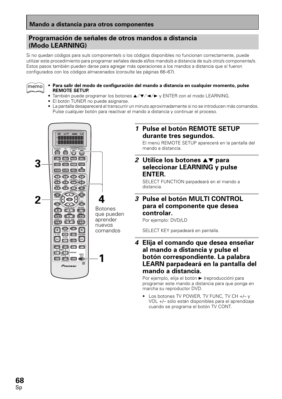 Mando a distancia para otros componentes, Botones que pueden aprender nuevos comandos, Select function parpadeará en el mando a distancia | Pioneer VSX-D2011-S User Manual | Page 68 / 120