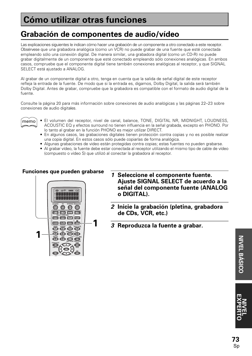 Cómo utilizar otras funciones, Grabación de componentes de audio/vídeo, Nivel exper to | Nivel b á sico, Funciones que pueden grabarse | Pioneer VSX-D2011-S User Manual | Page 73 / 120