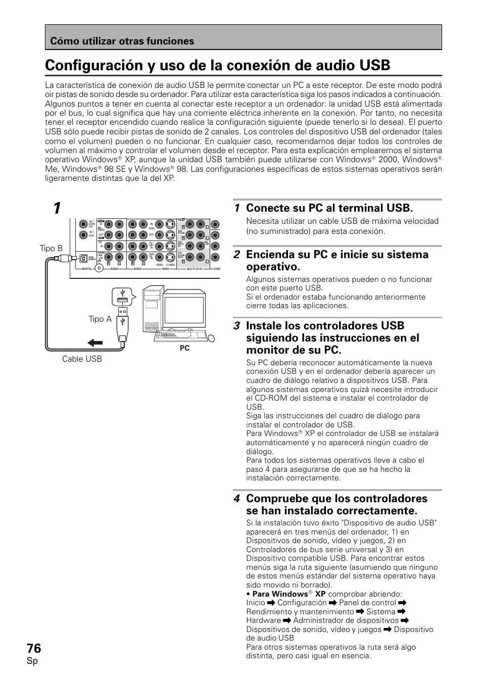Configuración, Conexión, Audio | Configuración y uso de la conexión de audio usb, 1 conecte su pc al terminal usb, 2 encienda su pc e inicie su sistema operativo, Cómo utilizar otras funciones, 2000, windows, Me, windows, 98 se y windows | Pioneer VSX-D2011-S User Manual | Page 76 / 120
