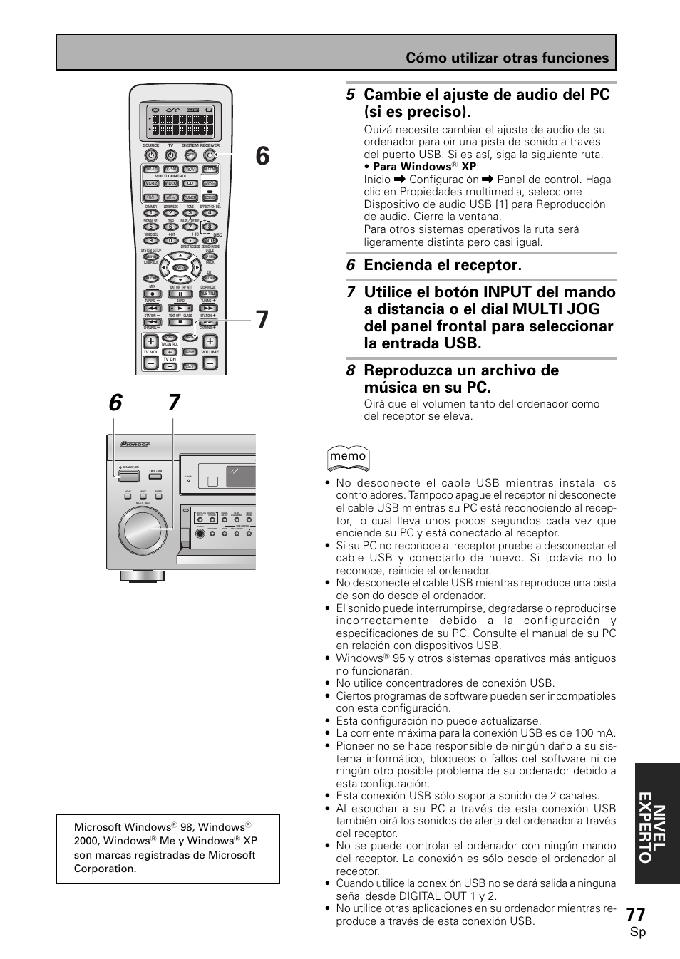 Nivel exper to, 5 cambie el ajuste de audio del pc (si es preciso), Cómo utilizar otras funciones | Microsoft windows, 98, windows, 2000, windows, Me y windows, Xp son marcas registradas de microsoft corporation | Pioneer VSX-D2011-S User Manual | Page 77 / 120