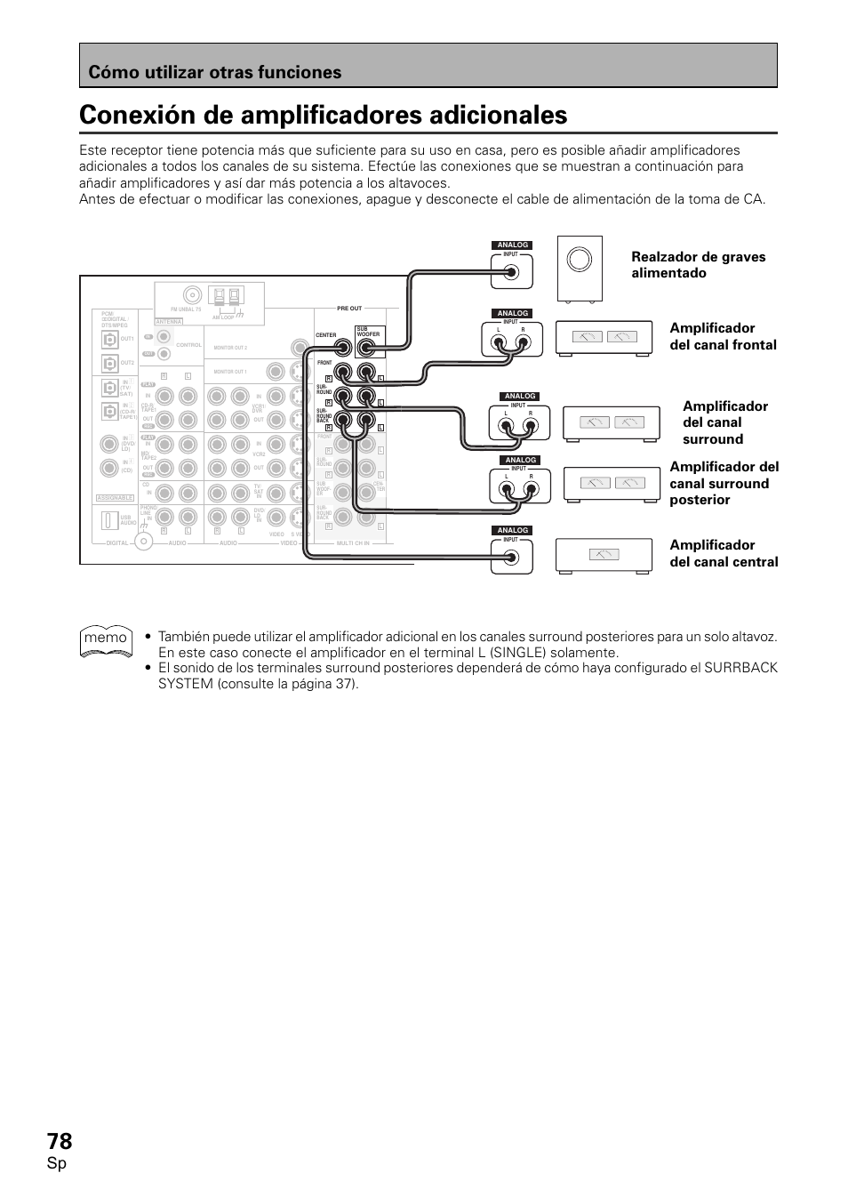Conexión de amplificadores adicionales, Cómo utilizar otras funciones | Pioneer VSX-D2011-S User Manual | Page 78 / 120