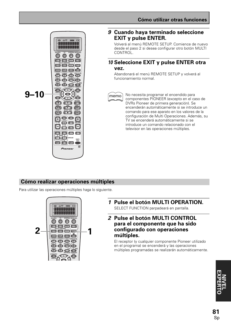 Cómo realizar operaciones múltiples, Nivel exper to, 1 pulse el botón multi operation | 10 seleccione exit y pulse enter otra vez, Cómo utilizar otras funciones, Select function parpadeará en pantalla | Pioneer VSX-D2011-S User Manual | Page 81 / 120