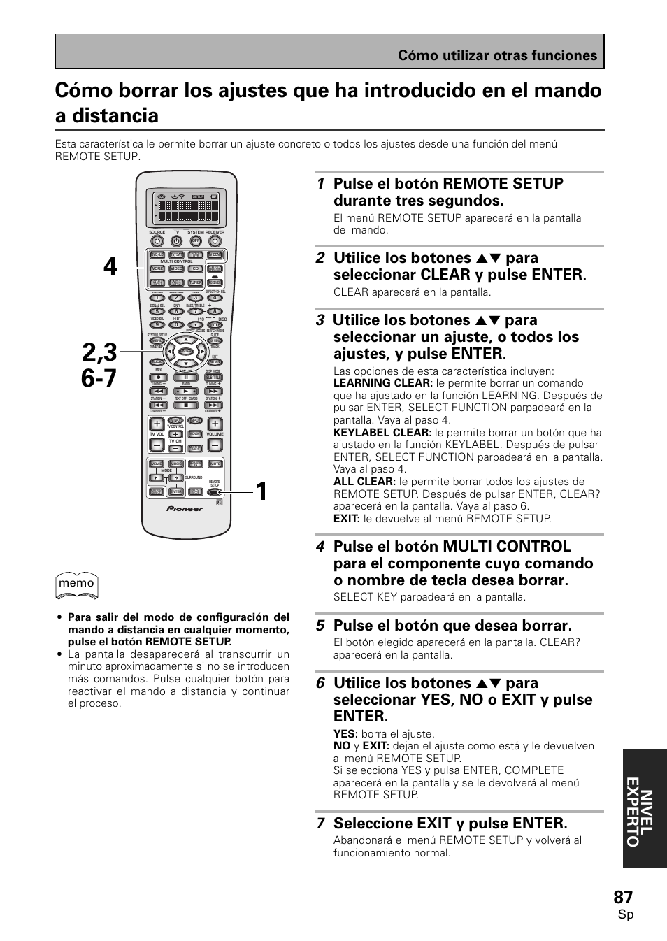 Cómo borrar los ajustes que ha introducido, En el mando a distancia, Nivel exper to | 5 pulse el botón que desea borrar, 7 seleccione exit y pulse enter, Cómo utilizar otras funciones, Clear aparecerá en la pantalla, Select key parpadeará en la pantalla | Pioneer VSX-D2011-S User Manual | Page 87 / 120