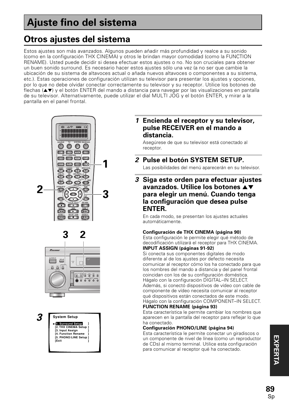 Ajuste fino del sistema, Otros ajustes del sistema, Exper t a | 2 pulse el botón system setup | Pioneer VSX-D2011-S User Manual | Page 89 / 120