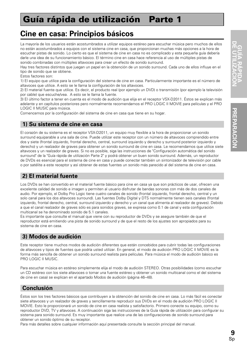 Guía rápida de utilización parte 1, Cine en casa: principios básicos, 3) modos de audición | Conclusión | Pioneer VSX-D2011-S User Manual | Page 9 / 120