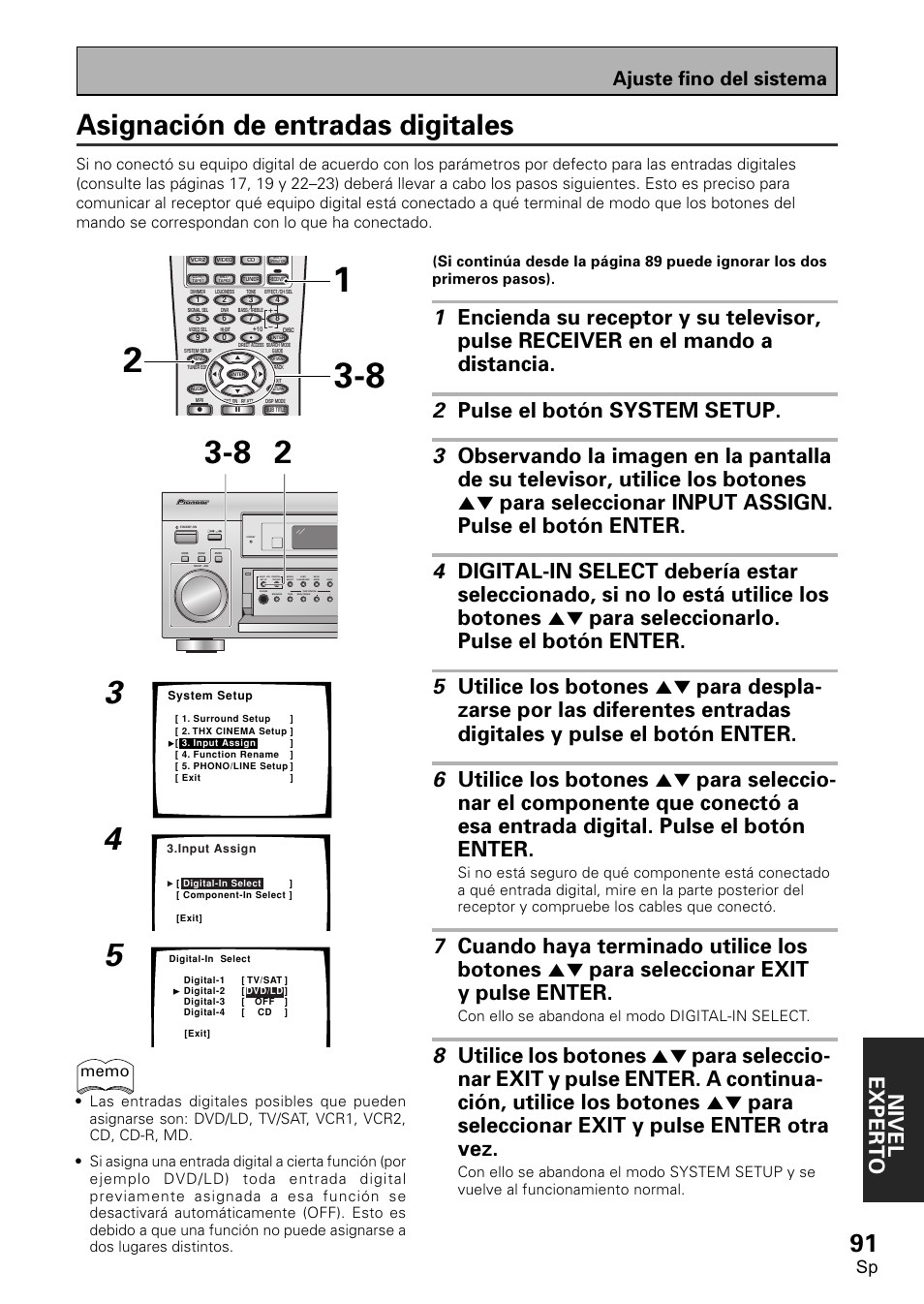 Asignación de entradas digitales, Nivel exper to, Ajuste fino del sistema | Pioneer VSX-D2011-S User Manual | Page 91 / 120