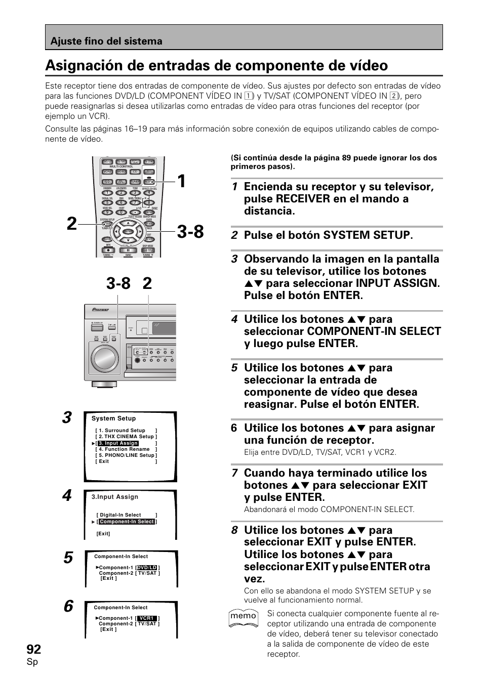 Asignación, Entradas, Componente | Vídeo, Asignación de entradas de componente de vídeo, Exit, Pulse, Enter, Otra vez, Ajuste fino del sistema | Pioneer VSX-D2011-S User Manual | Page 92 / 120