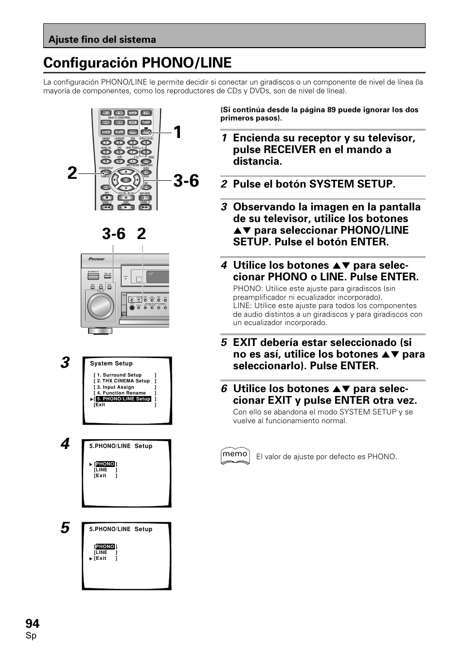 Configuración phono/line, Ajuste fino del sistema, El valor de ajuste por defecto es phono | Pioneer VSX-D2011-S User Manual | Page 94 / 120
