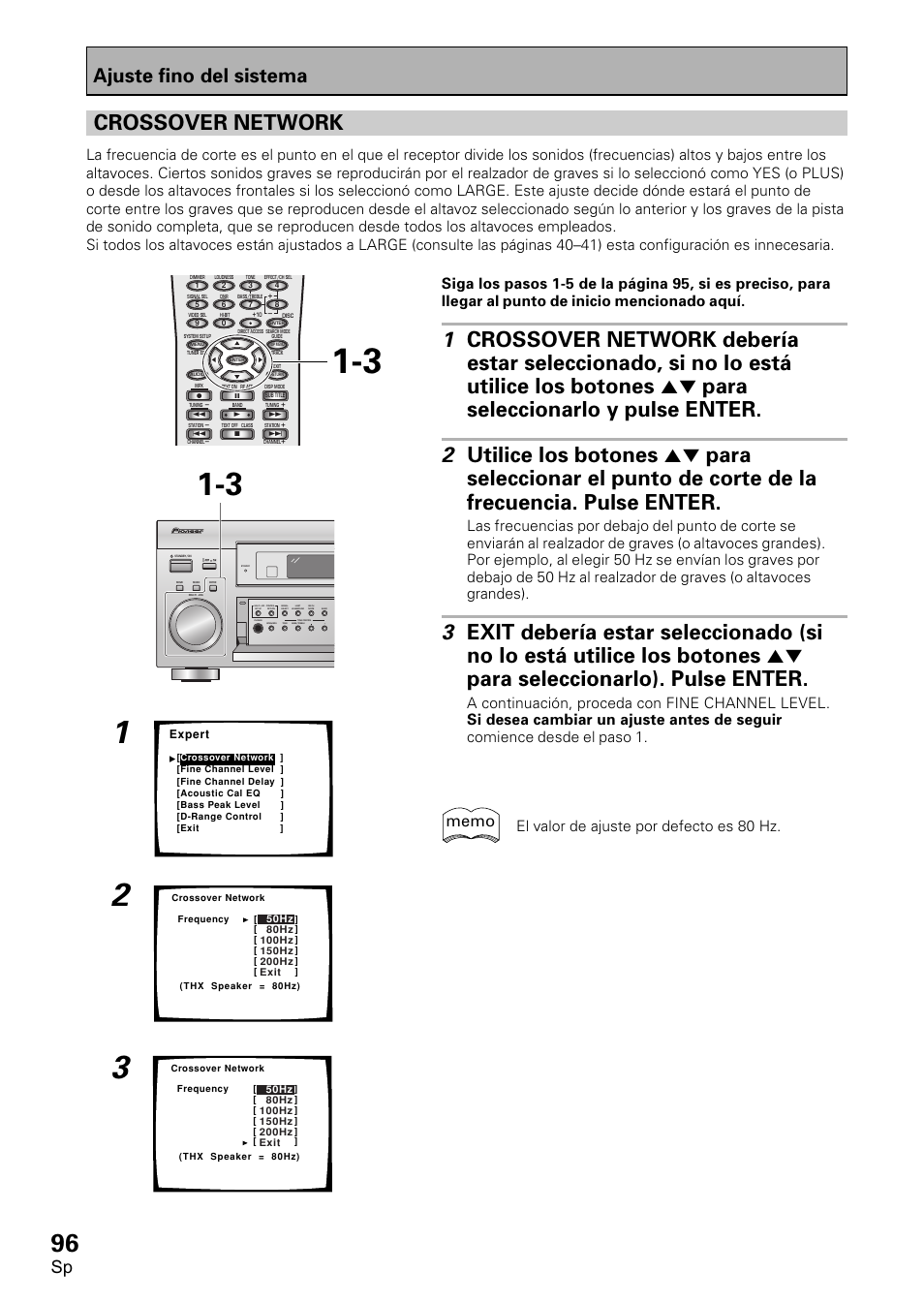 Crossover network, Ajuste fino del sistema, El valor de ajuste por defecto es 80 hz | Pioneer VSX-D2011-S User Manual | Page 96 / 120